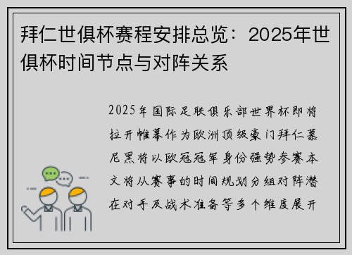 拜仁世俱杯赛程安排总览：2025年世俱杯时间节点与对阵关系