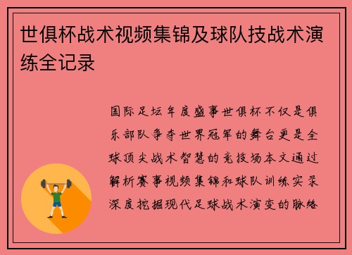 世俱杯战术视频集锦及球队技战术演练全记录